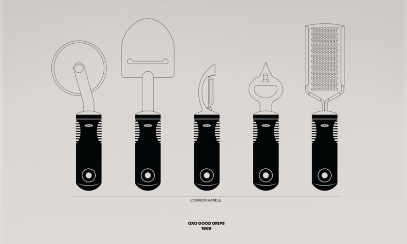 Line drawing of five OXO Good Grips tools, a pizza wheel, cheese slicer, peeler, bottle opener and grater, sharing the same black handle