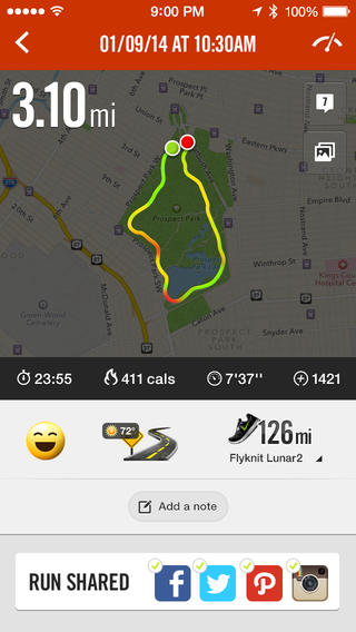 Screen shot of Nike+ running app map screen showing a run path with periods of faster and slower speeds.