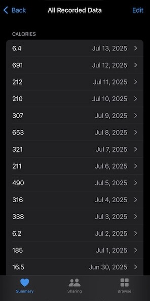 Apple Health list of Active Energy calories per day 
