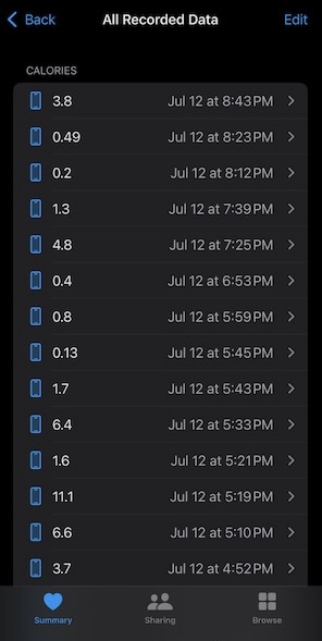 Apple Health list of Active Energy calories per random set of minutes 