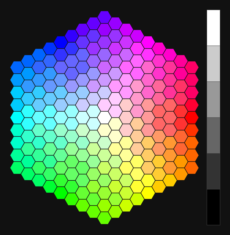 The 216 web-safe colors arranged by hue and saturation. Shifting around the ring changes hue; moving outward from the white center increases saturation.