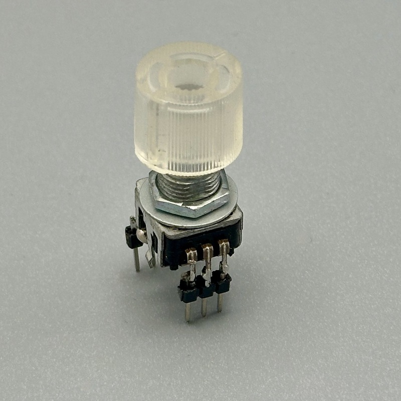 An RGB rotary encoder, hand soldered to fit into a breadboard. Photo by the Author