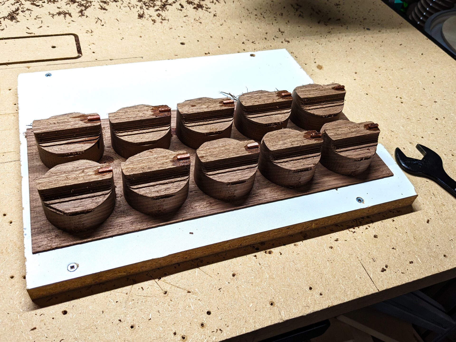 Wooden knobs being machined