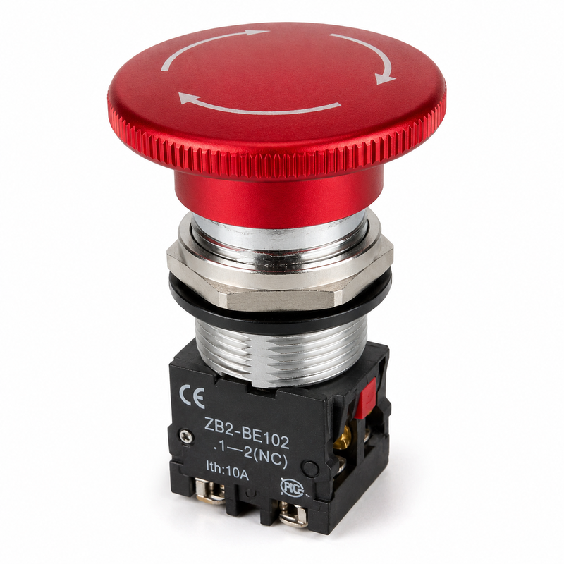 An Emergency Stop button turns off with a press, but requires rotation to reset. Image by the Author