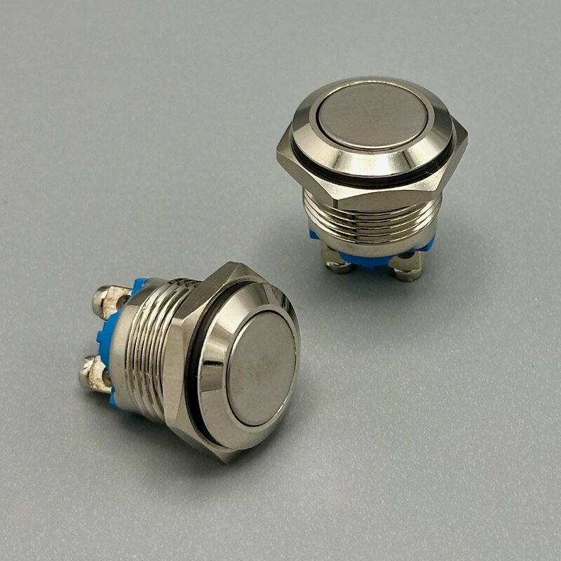A vandal-resistant stainless steel button, waterproof and built for outdoor kiosks and rough handling. Photo by the Author