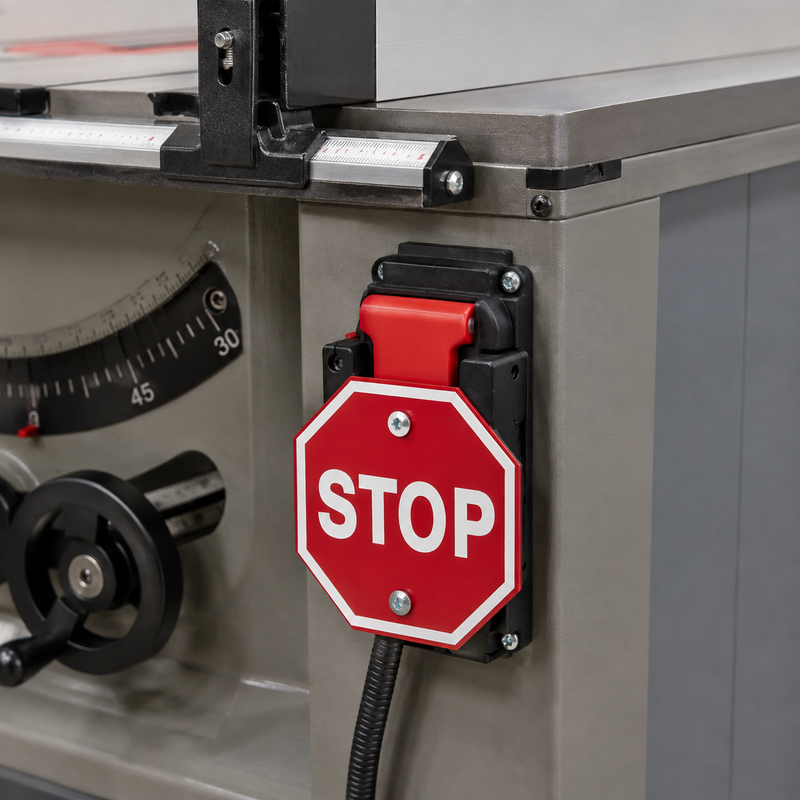 This table saw stop button is visible, obvious, and placed by the knee. In an emergency, your hands are almost always busy. Image by the Author