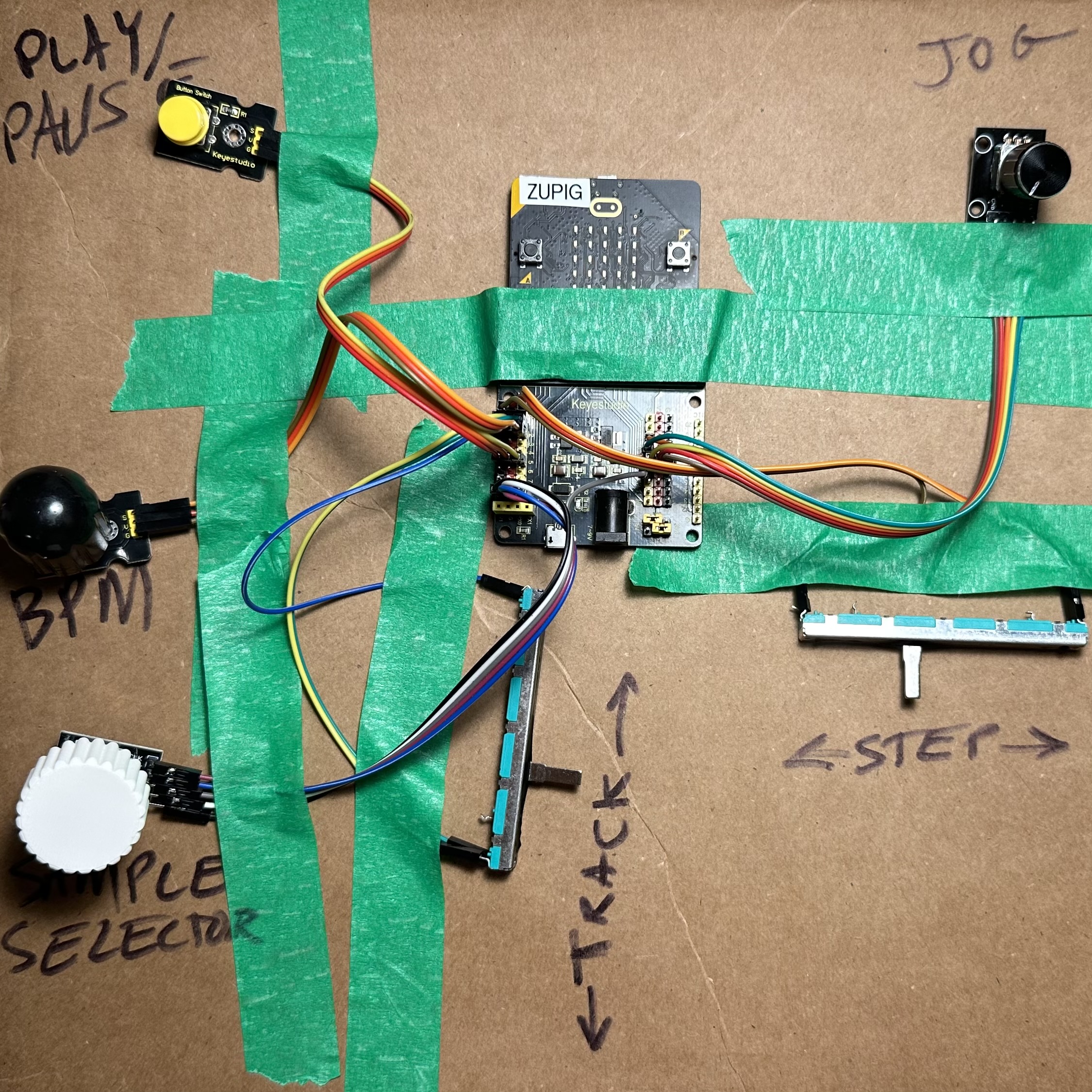 Drum machine prototype on cardboard