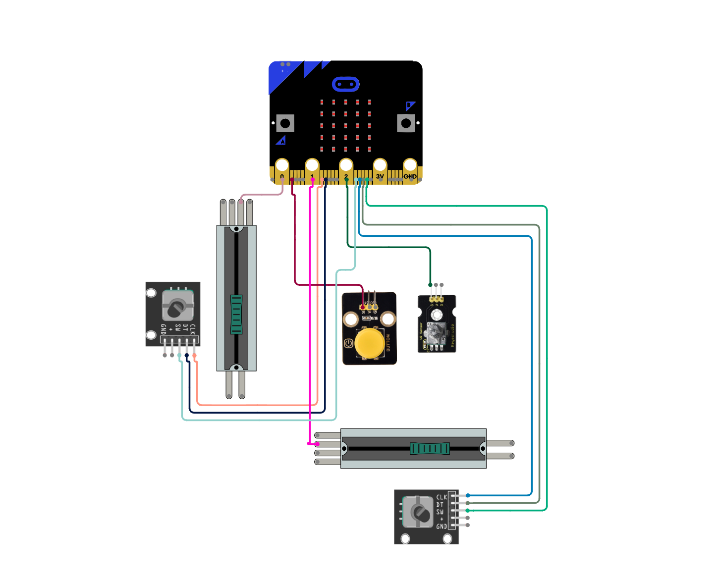 This wiring diagram shows how the components are wired. Note that power and ground wires are omitted for readability.